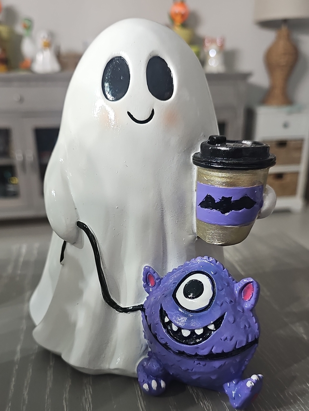 New! Cute White Ghost Walking One Eyed Purple Monster & Coffee Cup